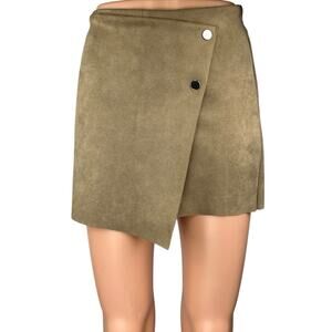 Zara Beige Brown Faux Suede Asymmetric Button Zipper Mini Wrap Skirt Skort Sz XS